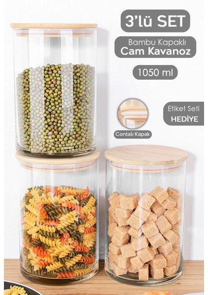 3'lü Bambu Kapaklı Cam Saklama Kabı Seti, 1050 Ml, Etiketli ve Vakumlu, Şık ve Kullanışlı