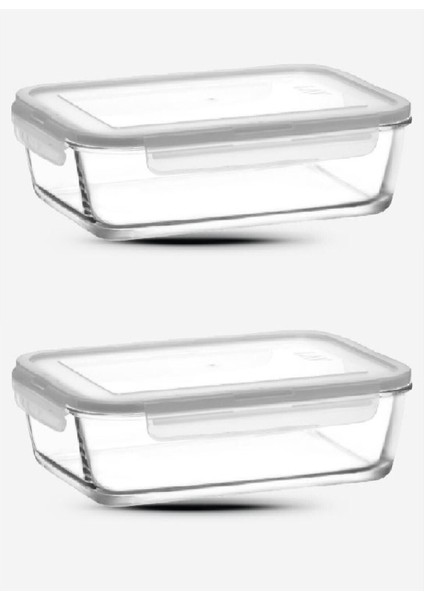 2'li Cam Saklama Kabı Seti, 1900CC, Dikdörtgen, Beyaz Kapaklı