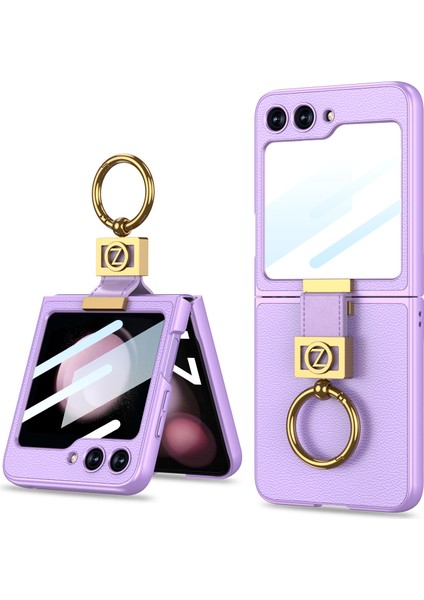 Samsung Galaxy Z Flip5 5g Ince Telefon Kapağı Sert Pc + Pu Metal Z Harf Kickstand Kılıfı Küçük Ekranlı Film-Mor (Yurt Dışından)