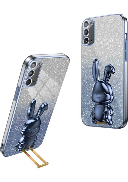 Samsung Galaxy NOTE20 5G/NOTE20 Kılıfı Için Glitter Toz Tavşan Dekor Telefon Kapağı, Gizli Kickstand-Mavi (Yurt Dışından)
