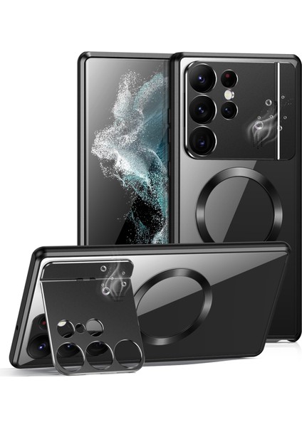 Aroma Tasarım Alaşım + Akrilik Kılıf Samsung Galaxy S22 Ultra 5g Lens Koruma Kickstand Telefon Kapağı Magsafe-Siyah ile Uyumlu (Yurt Dışından)