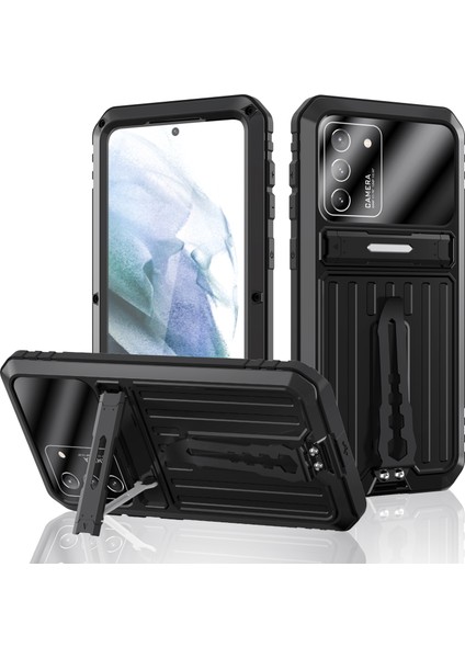 Samsung Galaxy S21+ 5g-Siyah Için Düşme Önleyici Tam Koruma Tpu+ Metal Hibrit Kılıf Temperli Cam Filmli ve Kayışlı Kickstand Kabuk (Yurt Dışından)