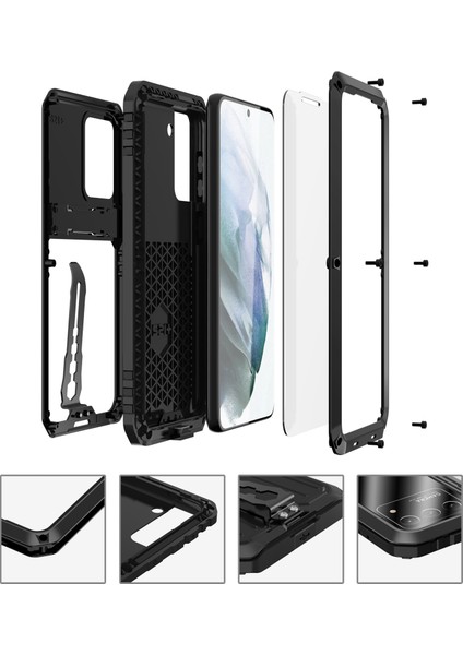Samsung Galaxy S21+ 5g-Siyah Için Düşme Önleyici Tam Koruma Tpu+ Metal Hibrit Kılıf Temperli Cam Filmli ve Kayışlı Kickstand Kabuk (Yurt Dışından) modelleri