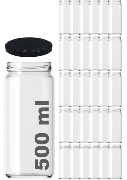 500 ml Siyah Metal Kapaklı Uzun Cam Kavanoz 30 Adet