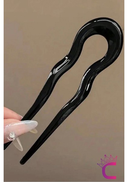 Siyah Geometrik Tasarım Asetat Kadın Saç Topuz Tokası 12.5 cm - Çubuk Toka Saç Çubuğu Aksesuar