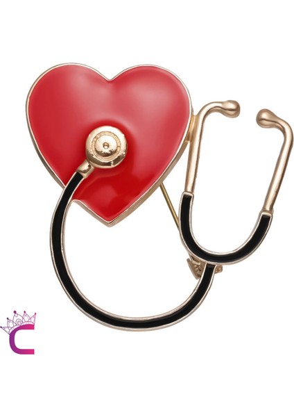Kırmızı Kalpli Steteskop Doktor Broş - Hediyelik Sağlıkçı Hemşire Arkadaşa Ceket Yaka Iğnesi Broşu