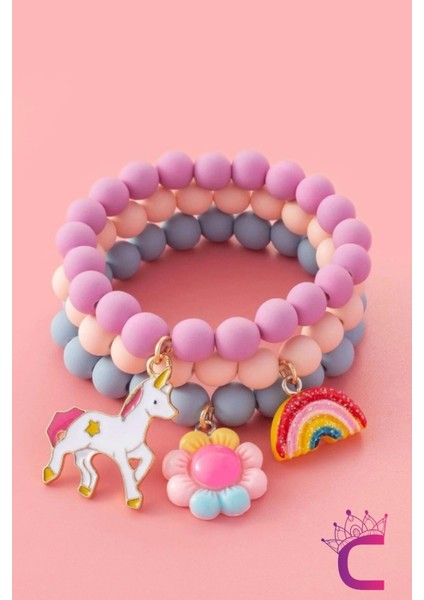 3'lü Unicorn Çiçekli Boncuklu Charm Hediyelik Kız Çocuk Bileklik Seti Arkadaşa Doğum Günü Hediyesi