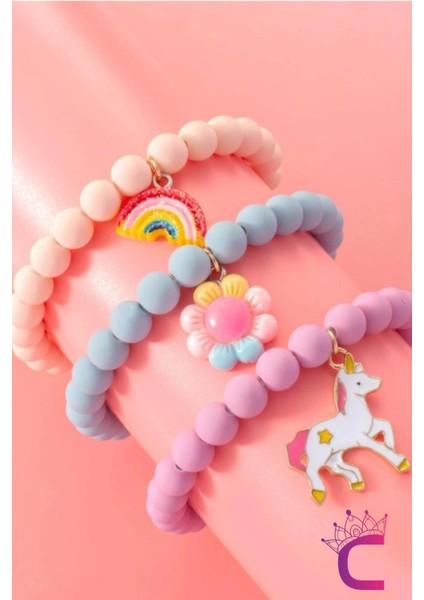 3'lü Unicorn Çiçekli Boncuklu Charm Hediyelik Kız Çocuk Bileklik Seti Arkadaşa Doğum Günü Hediyesi fiyatları