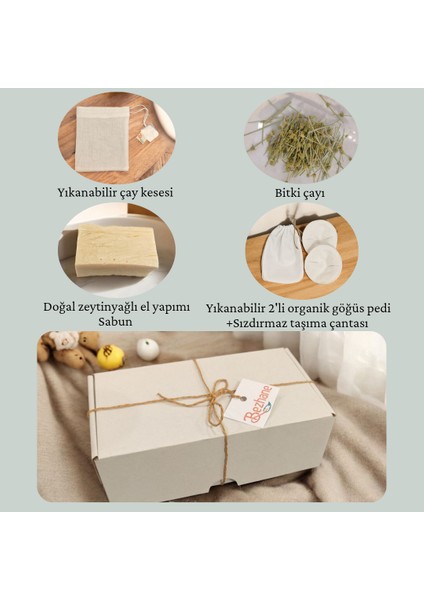 Yeni Anneye Hediye Seti 2|zeytinyağlı Sabun-Çay Kesesi-Bitki Çayı-Göğüs Pedi-Sızdırmaz Çanta