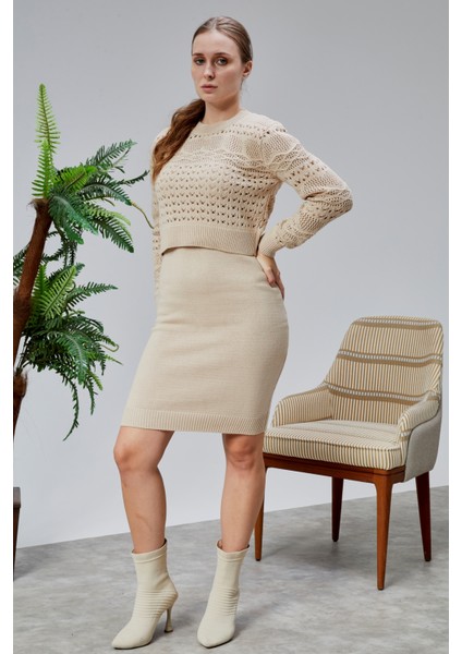 Kadın Triko Takım Delikli Kazak ve Askılı Elbise Standart Beden Ten Rengi