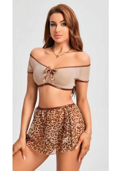 Kalın Askılı Sütyen Leopar Desen Etekli Fantezi Gecelik