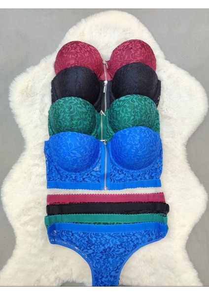 Ekonomik Dörtlü Önden Açılan Fermuarlı Dantel Detaylı Soft Dolgulu Sütyen - Iç Çamaşır Takımı