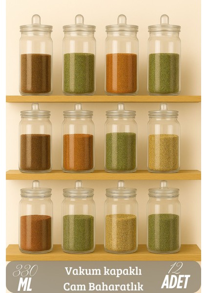 12'li Cam Baharatlık Seti, Kulplu ve Vakum Kapaklı, Şık ve Kullanışlı Tasarım