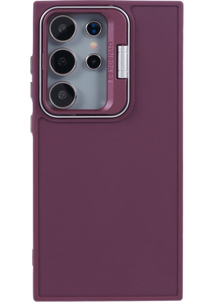 Samsung Galaxy S24 Ultra Kickstand Kılıf Silikon Kapak Büyük Lens Delikli-Şarap Kırmızı (Yurt Dışından)