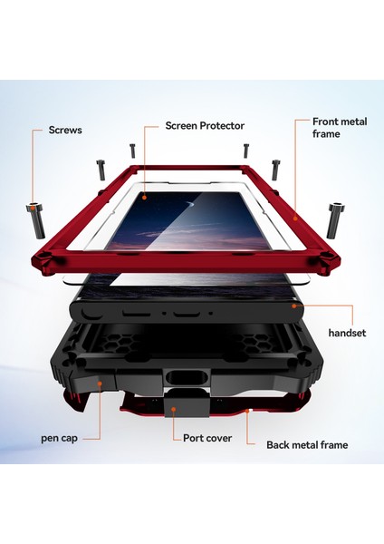 Samsung Galaxy S24 Ultra Darbeye Dayanıklı Kılıf Kickstand Damla Korumalı Kapak Temperli Cam Filmi-Kırmızı (Yurt Dışından) indirimleri