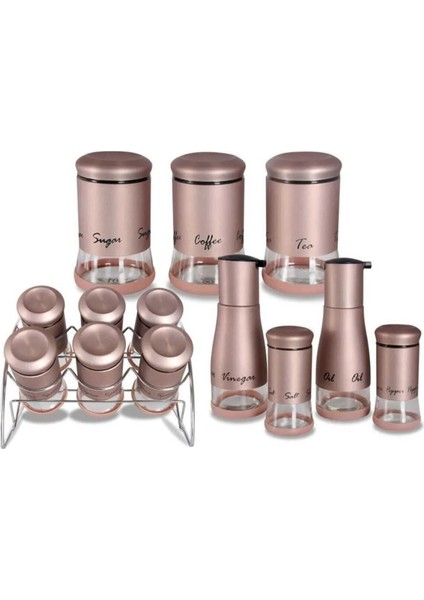 13 Parça Rosegold Cam Baharat Seti, Zarif ve Şık Mutfak Aksesuarı