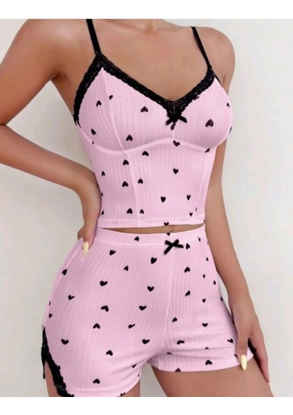 Likralı Şortlu Kalpli Dantelli Pembe Pijama Takımı