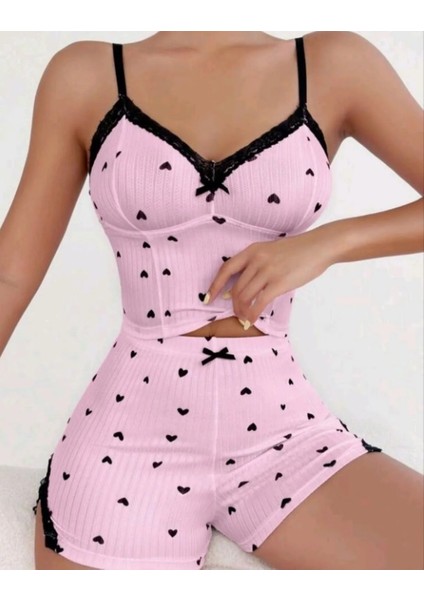 Likralı Şortlu Kalpli Dantelli Pembe Pijama Takımı modelleri
