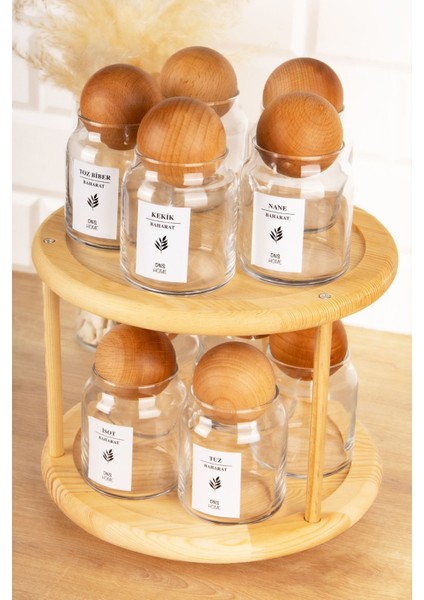 10'lu Ahşap Kapaklı Döner Standlı Cam Baharatlık Seti 300 ml fiyatları