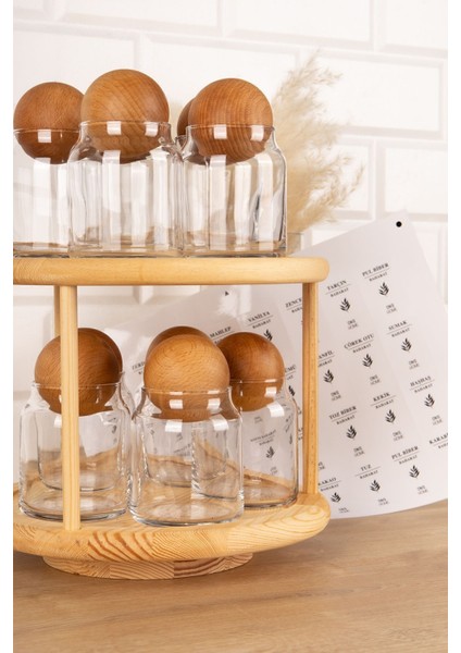 10'lu Ahşap Kapaklı Döner Standlı Cam Baharatlık Seti 300 ml modelleri