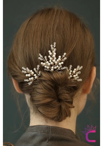 3'lü Zarif Incili Kristal Taşlı Gelin Tacı Firkete Toka Gold - Düğün Nişan Nikah Söz Saç Aksesuarı