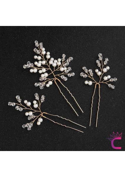 3'lü Zarif Incili Kristal Taşlı Gelin Tacı Firkete Toka Gold - Düğün Nişan Nikah Söz Saç Aksesuarı fiyatları