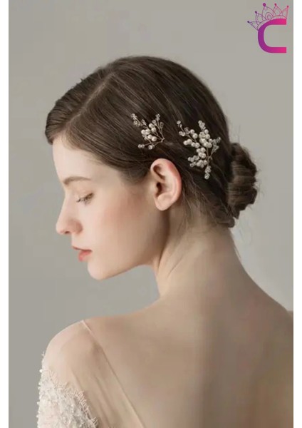 3'lü Zarif Incili Kristal Taşlı Gelin Tacı Firkete Toka Gold - Düğün Nişan Nikah Söz Saç Aksesuarı modelleri