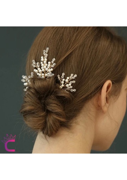 3'lü Zarif Incili Kristal Taşlı Gelin Tacı Firkete Toka Gold - Düğün Nişan Nikah Söz Saç Aksesuarı fırsatları