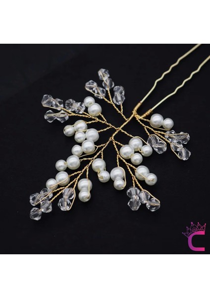 3'lü Zarif Incili Kristal Taşlı Gelin Tacı Firkete Toka Gold - Düğün Nişan Nikah Söz Saç Aksesuarı indirimleri