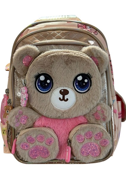 Chimola Sevimli Ayıcık Pembe Kahve Pelüş Formlu Çanta Ara Boy -Ithal