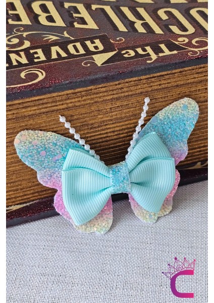 2'li Gökkuşağı Renkli Simli Incili Kız Çocuk Fiyonklu Kurdeleli Mavi Kelebekli Pens Toka Seti 8cm