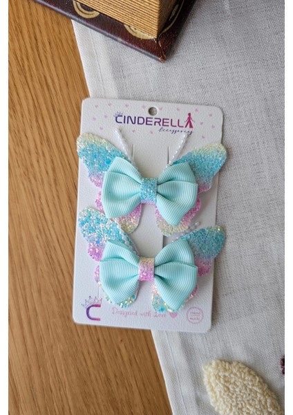 2'li Gökkuşağı Renkli Simli Incili Kız Çocuk Fiyonklu Kurdeleli Mavi Kelebekli Pens Toka Seti 8cm fiyatları