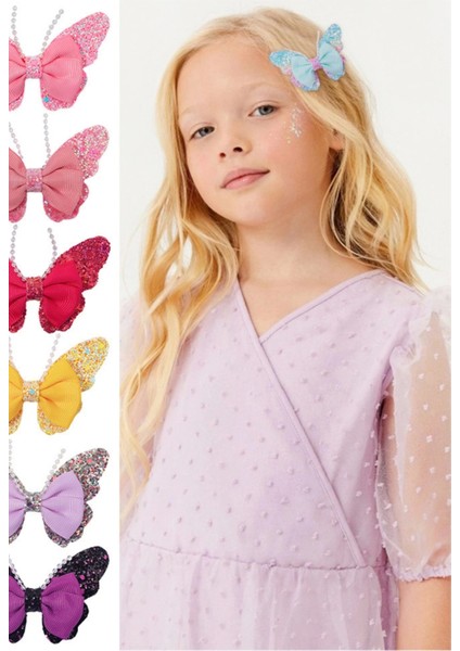 2'li Gökkuşağı Renkli Simli Incili Kız Çocuk Fiyonklu Kurdeleli Mavi Kelebekli Pens Toka Seti 8cm modelleri