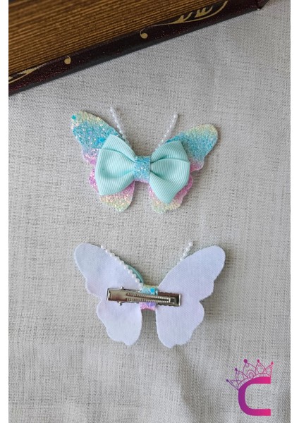 2'li Gökkuşağı Renkli Simli Incili Kız Çocuk Fiyonklu Kurdeleli Mavi Kelebekli Pens Toka Seti 8cm indirimleri