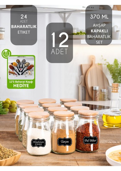 12’li 370 ml Cam Baharatlık Seti, Vakumlu Ahşap Kapak, Etiket ve Mini Kaşık Hediyeli