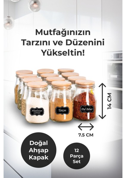 12’li 370 ml Cam Baharatlık Seti, Vakumlu Ahşap Kapak, Etiket ve Mini Kaşık Hediyeli indirimleri