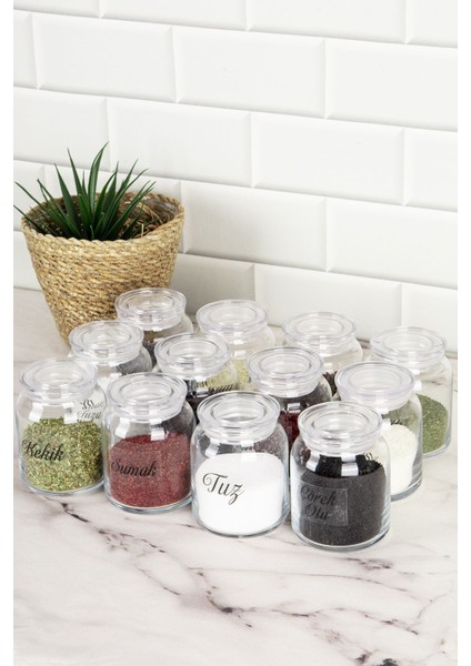 12'li Şeffaf Kapaklı Baharatlık Seti, Etiketli Kavanozlar, 300 Ml, Saklama Kabı