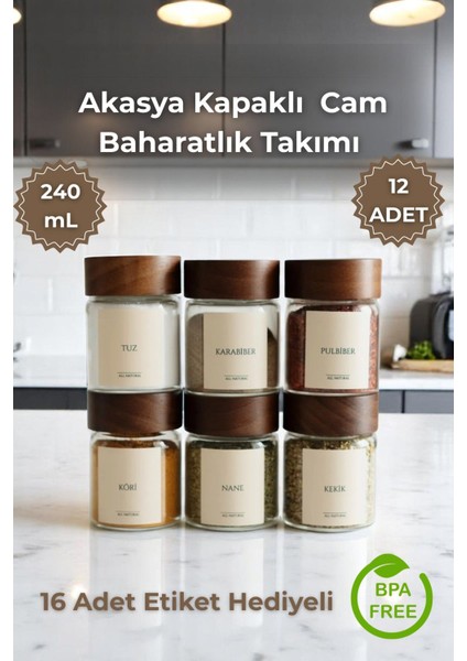 12'li Cam Baharatlık Takımı, 16 Etiket Hediyeli, 240ML, Şık ve Kullanışlı Set