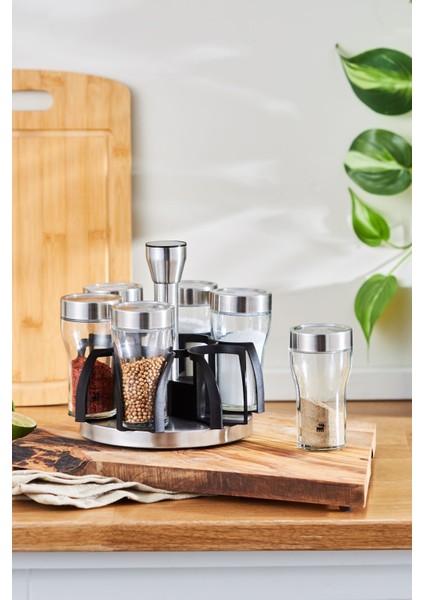 7 Parça Yuvarlak Baharat Takımı, Cam Malzeme, Pratik ve Şık Tasarım