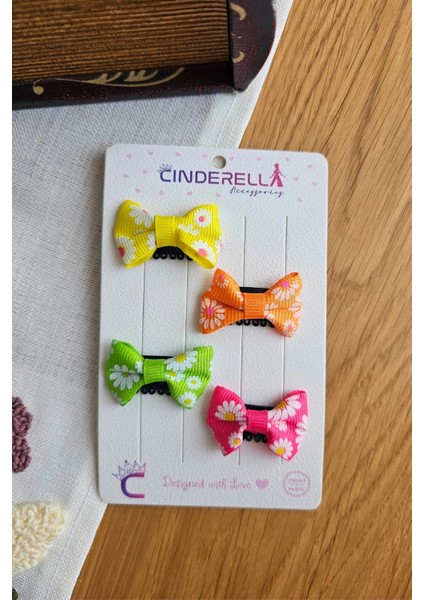 4'lü Çiçekli Fiyonk Saçsız Kız Bebek Tokası 4cm - Kurdeleli Az Saçlı Yenidoğan Saç Toka Seti Klipsi