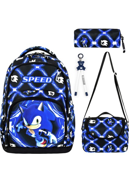 Sonic 3 Üçlü Erkek Çocuk Ilkokul Okul Çantası Seti (Çanta + Termal Beslenme Çantası +Kalemlik)
