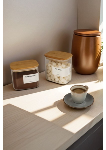 2'li Kahvelik Şekerlik Dikdörtgen Bambu Kapak Borosilikat Cam Set