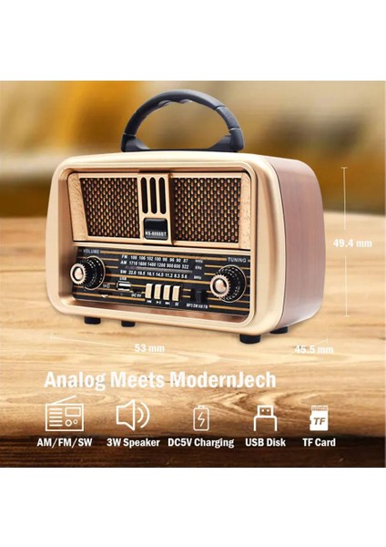 Kahverengi Taşınabilir Bluetooth Radyo, Şarjlı, Pilli, Usb, Sd ve Fm Özellikli