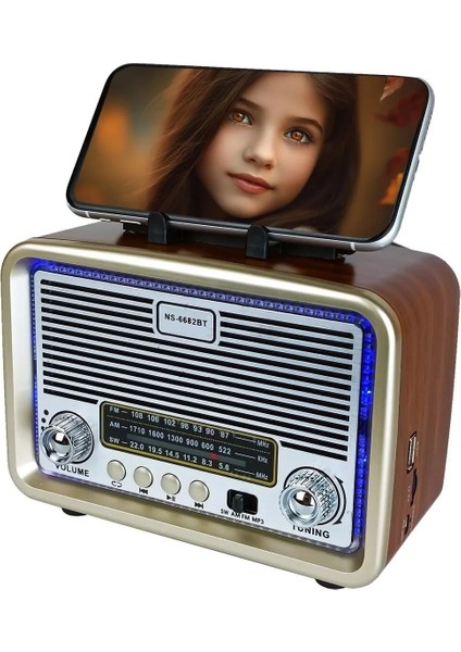 Kahverengi Nostaljik Radyo, Bluetooth, Tws, LED Çerçeve, Telefon Tutucu, Fm, Usb/tf