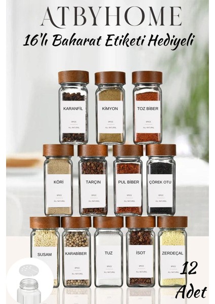 Kapaklı 12'li Cam Baharatlık Seti, 120 Ml, 16 Etiket Hediyeli