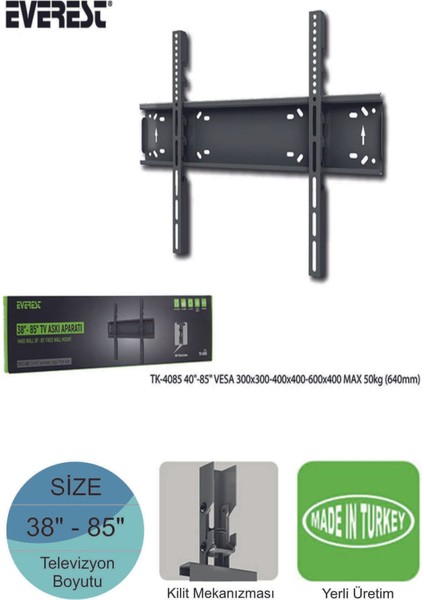 40"-85" Uyumlu, Kilitli ve Dayanıklı Duvar Askı Aparatı, 50KG Taşıma Kapasitesi fırsatları