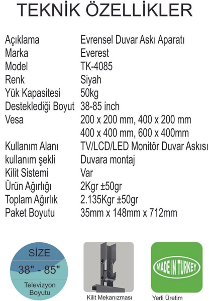 40"-85" Uyumlu, Kilitli ve Dayanıklı Duvar Askı Aparatı, 50KG Taşıma Kapasitesi