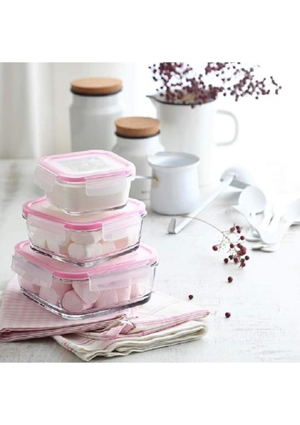 Pembe Kilitli Cam Saklama Kabı Seti 4'lü, Farklı Boyutlarda, Sağlıklı ve Şık Kullanım Sağlar modelleri