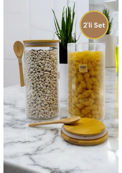 Turuncu Bambu Kapaklı Cam Kavanoz Seti 1200ML 2'li Baharat ve Erzak Saklama