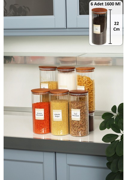 Borosilikat Cam Bakliyat Kavanoz Seti 6'lı ve Etiketli, 1600 Ml, Kahverengi Renk